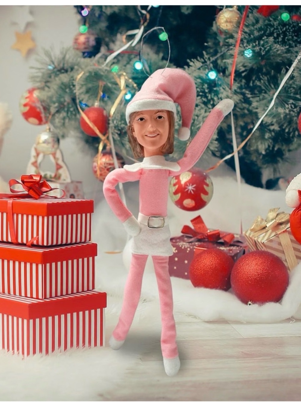 Martha on the mantle elf sitter doll in pink outfit pose able -Snoop Dogg’s pal